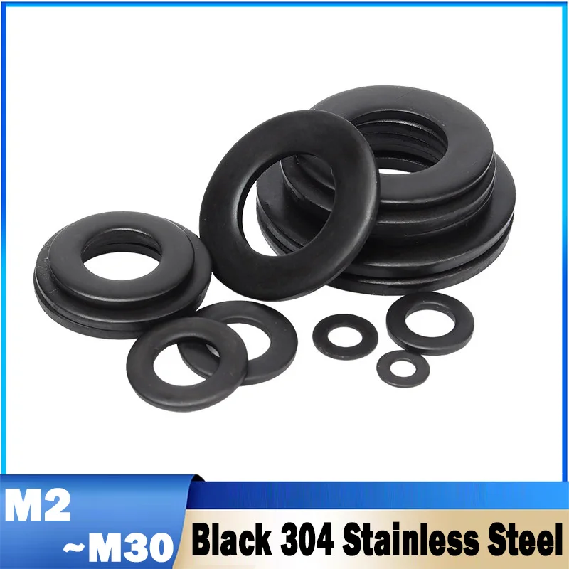 M2 M2.5 M3 M4 M5 M6 M8~M30 Black 304 Stainless Steel Flat Washer Enlarged Super Thin Flat Plain Gasket Circular Plain Gasket