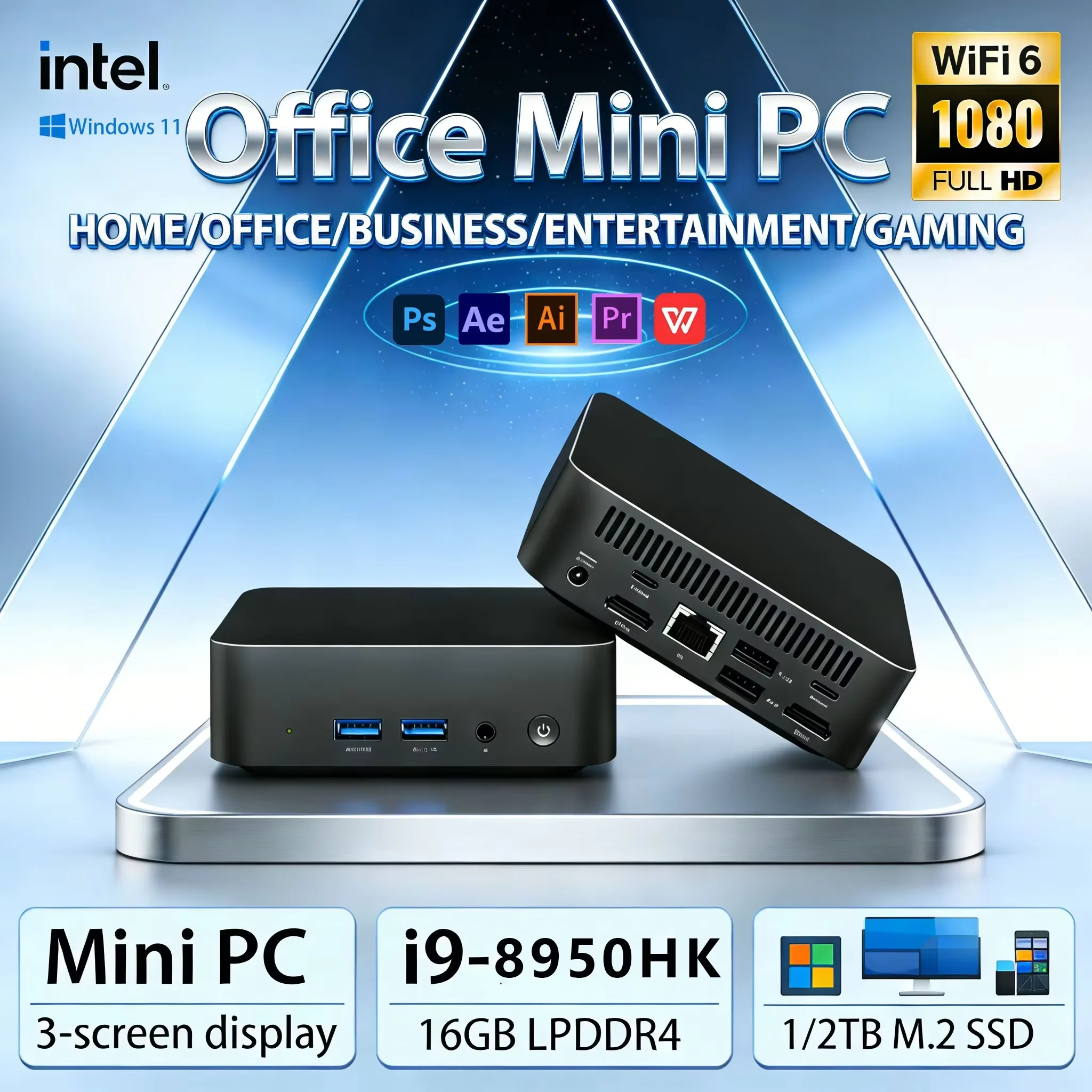 

Мини-ПК Intel с процессором Intel Core i9 8950HK, 16 ГБ ОЗУ, SSD 1/2 ТБ, Windows 11, Wi-Fi 6, поддержка 3 экранов, 1080P Full HD, компактный мини-десктоп