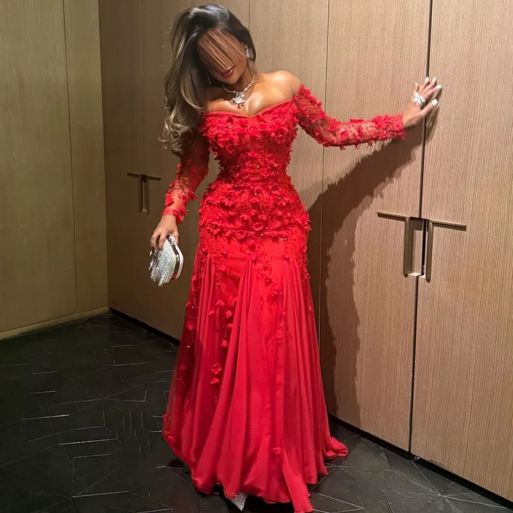 

Customized Matching Intricate Chiffon Handmade Flower Rhinestone Mermaid Off-the-shoulder Long Dresses Bespoke Occasion Dresses