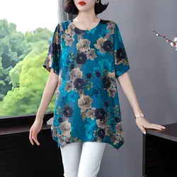 Vintage Printed O-Neck Irregular Floral Blouses Women's Clothing 2024 Summer New Loose All-match Tops Asymmetrical Shirts