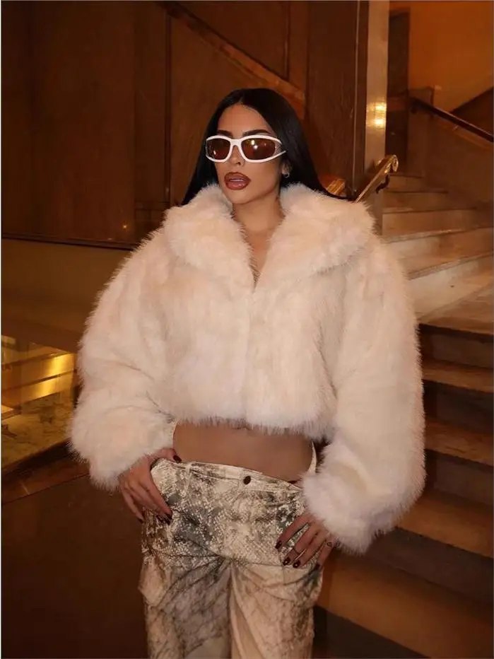 

Women's Loose Lapel Fur Coat Asymmetrical Design Warmth 3D Effect Cotton Long Sleeve Belted Winter Outerwear Jacket
