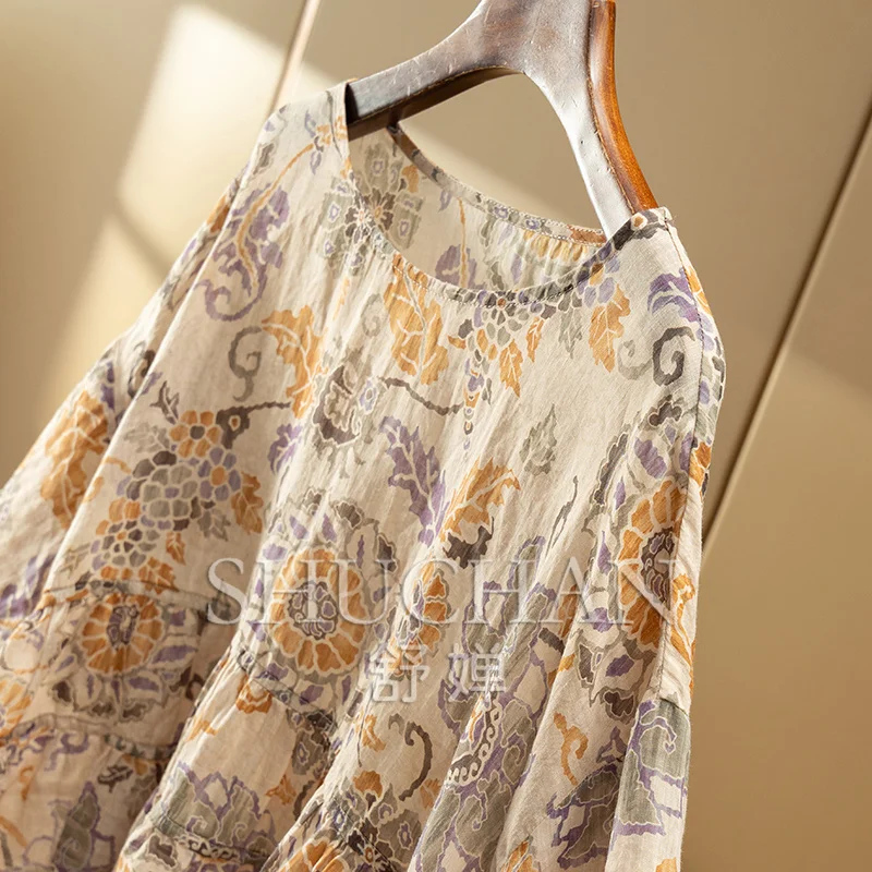 New Flower High Quality 100 Ramie Patchwork Pleated Seven-quarter Sleeve Shirt  Women 9W42