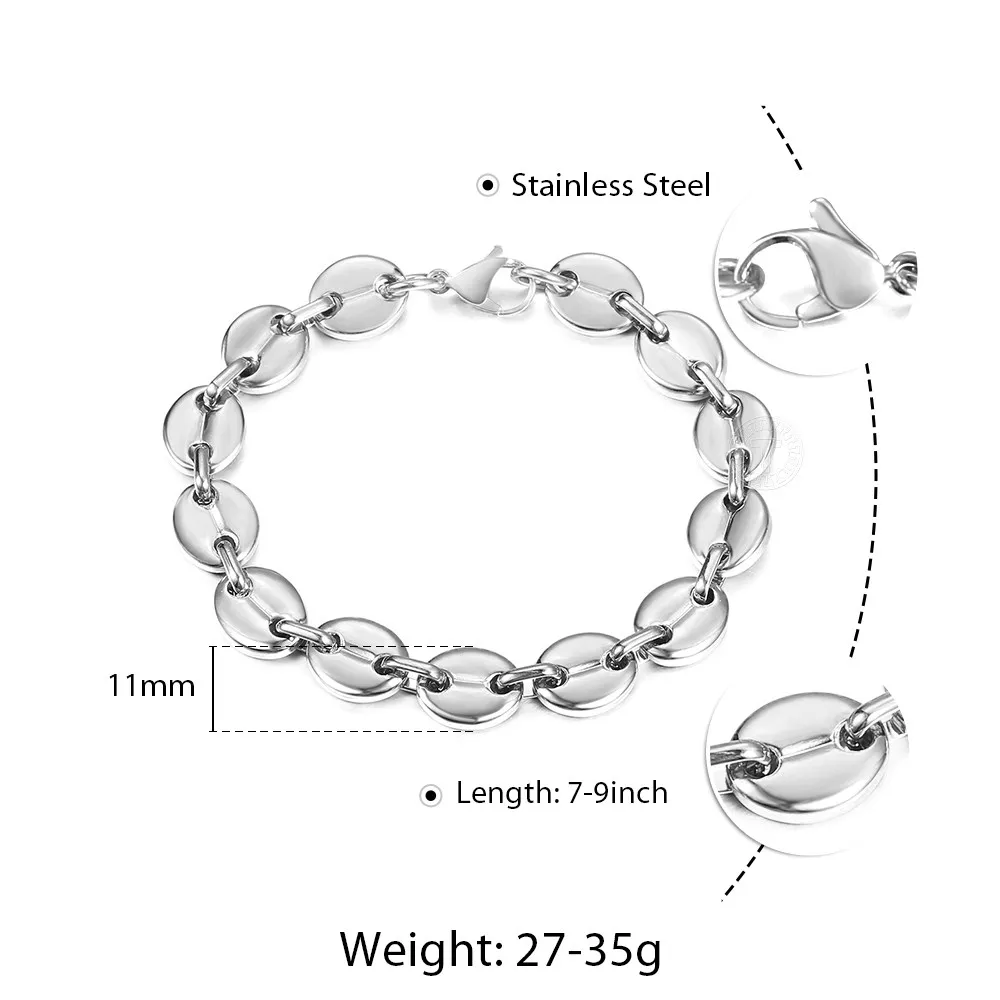 7/9/11mm Stainless Steel Coffee Beans Marina Link Chain Bracelets For Men Women Bracelet Jewelry Gifts