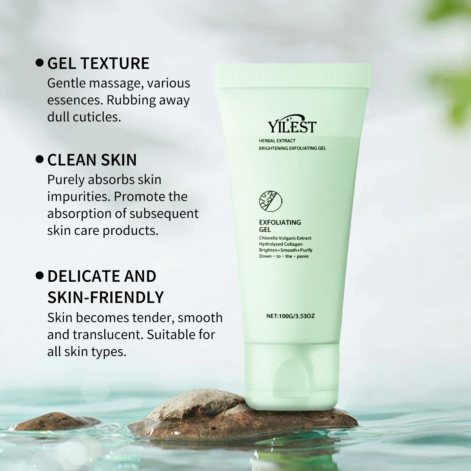 YILEST Gel Exfoliante Iluminador 100g Limpieza Profunda de Poros Suave y Brillo con Colágeno de Clorella para Todo Tipo de Piel ﻿