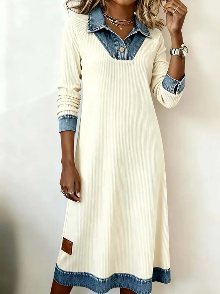Long Sleeve Elegant Patchwork Holiday Dress, Women Autumn Winter V Neck Chic Party Dress, 2025 Loose Simple Casual Ladies Dress