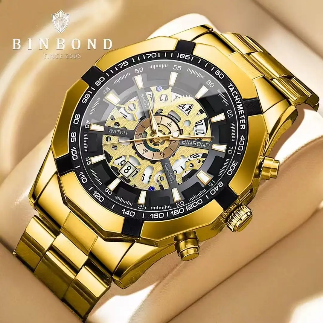 BINBOND 033 New Quartz Watch Men Waterproof Night Light Leisure Business Hollow Watches for Men Relogios Masculino Montre Homme
