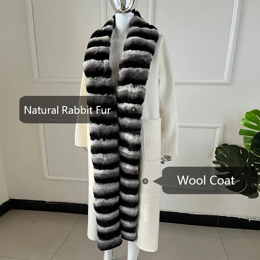 Nuovo cappotto in cashmere da donna misto lana cappotti bianchi lunghi con vera pelliccia collo in pelliccia di coniglio cincillà Rex di lusso