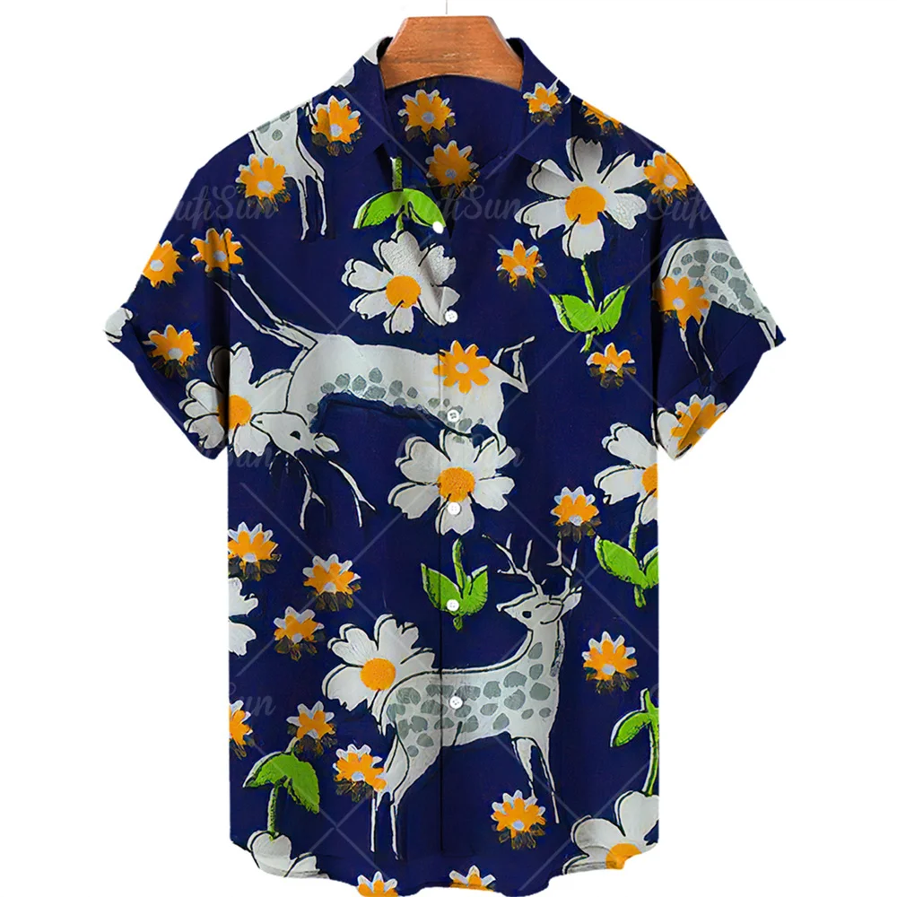 Summer New 3d Animal Print Hawaiian Shirt Men\'s Casual Button V Neck Loose Shirt American Fashion Top