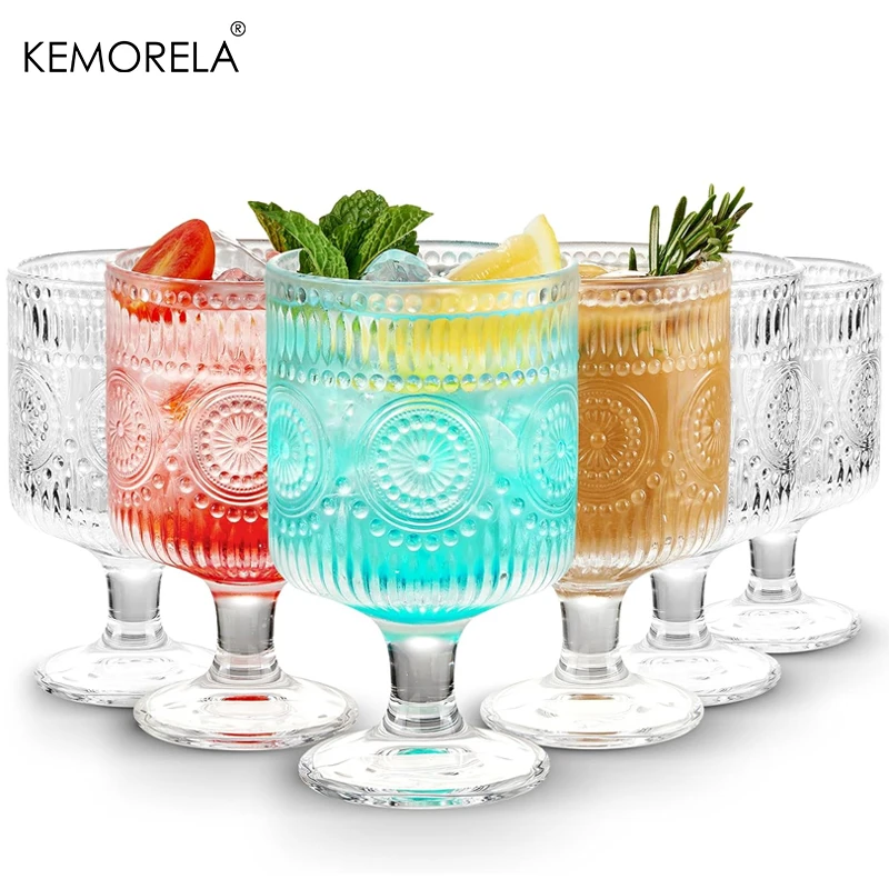 

6PCS Vintage Stemware 8 Oz Wine Glasses Embossed Floral Glass Set Clear Beverage Glasses Drinking Stemware Bar Glassware