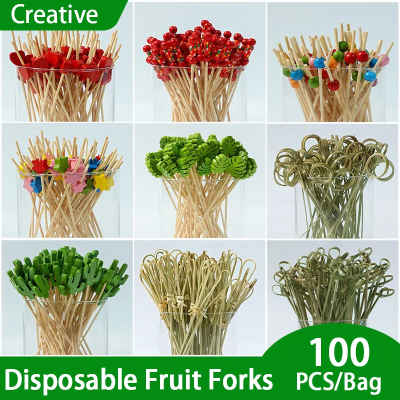 100 Uds tenedores desechables de bambú palillo de dientes decoración selecciones de cóctel tenedores de fruta Buffet selecciones de comida para decoración de fiesta SGC003