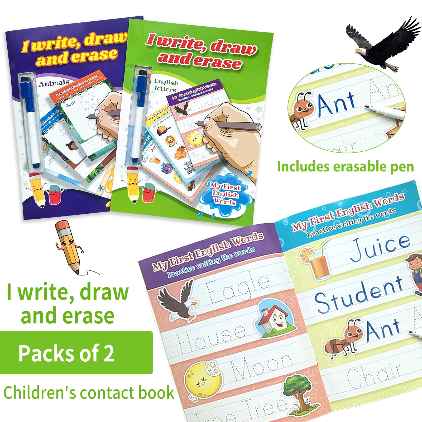 Children's English Word Book, Ages 3-6, Word Tracing & Animal Connections, Erasable Pen, Reusable, Early Learning Gift
