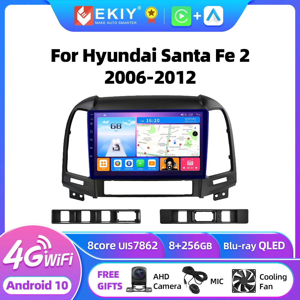 EKIY-T7 Player de vídeo multimídia para Hyundai Santa Fe 2, rádio de carro estéreo, Android 10, AI Voice, Carplay, No 2Din, DVD, 2006-2012