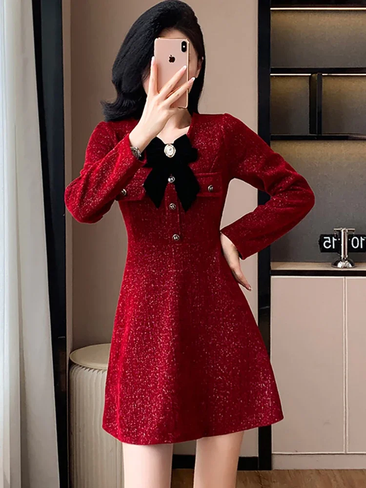 Women Red Bright Silk Chenille Casual Short Dress 2024 Korean Fashion Bow Collar Festival Dress Autumn Winter Elegant Prom Dress