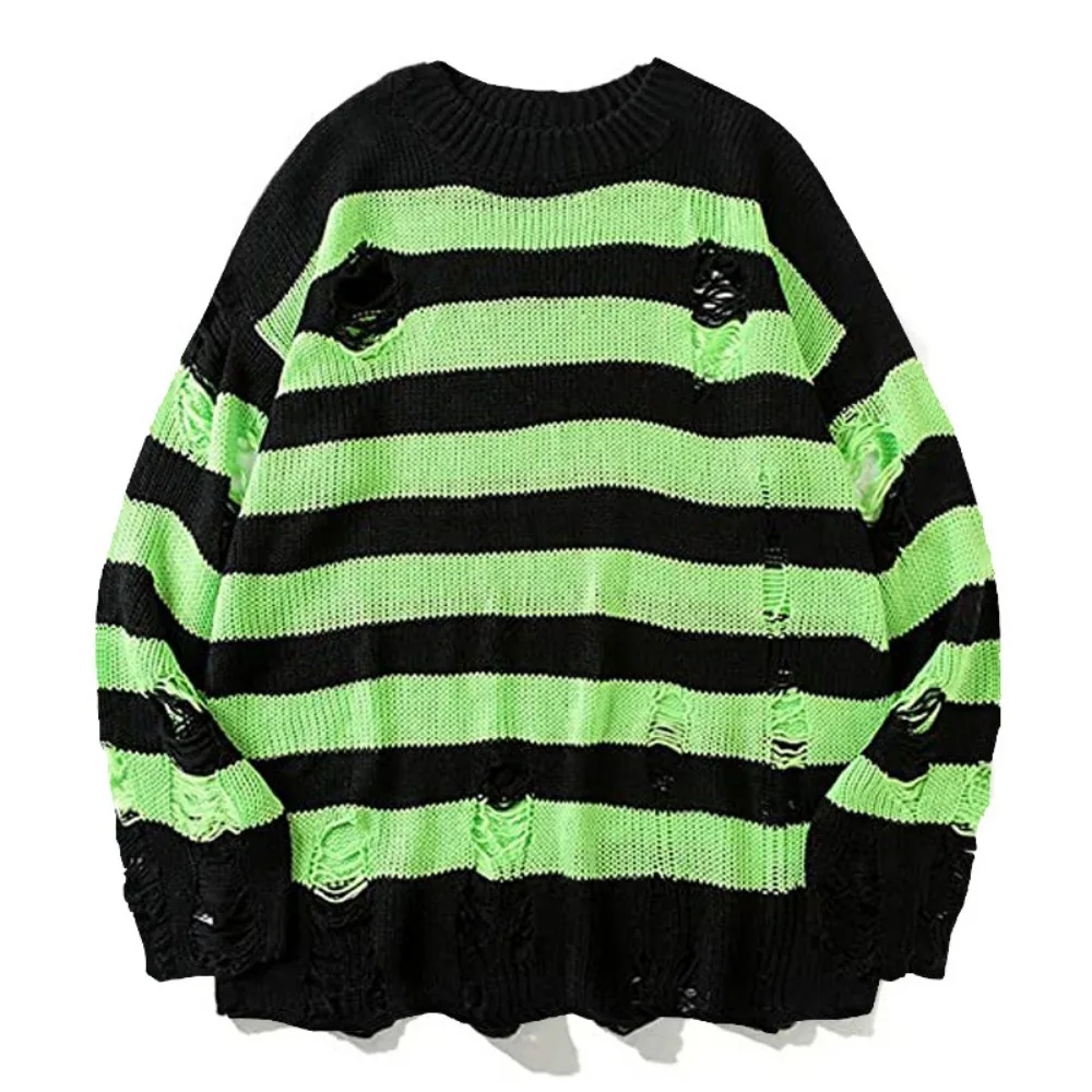 Autumn Winter Couple Stripe Sweaters Destroyed Ripped Sweater Men Pullover Hole Knitwear Women Oversized Fashion Harajuku Tops