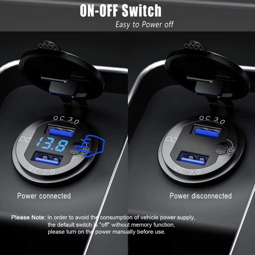 Quick Charge Car Dual USB Charger Socket Auto Adapter QC3.0 36W Waterproof with Voltmeter Switch for 12V/24V Motorcycle ATV RV