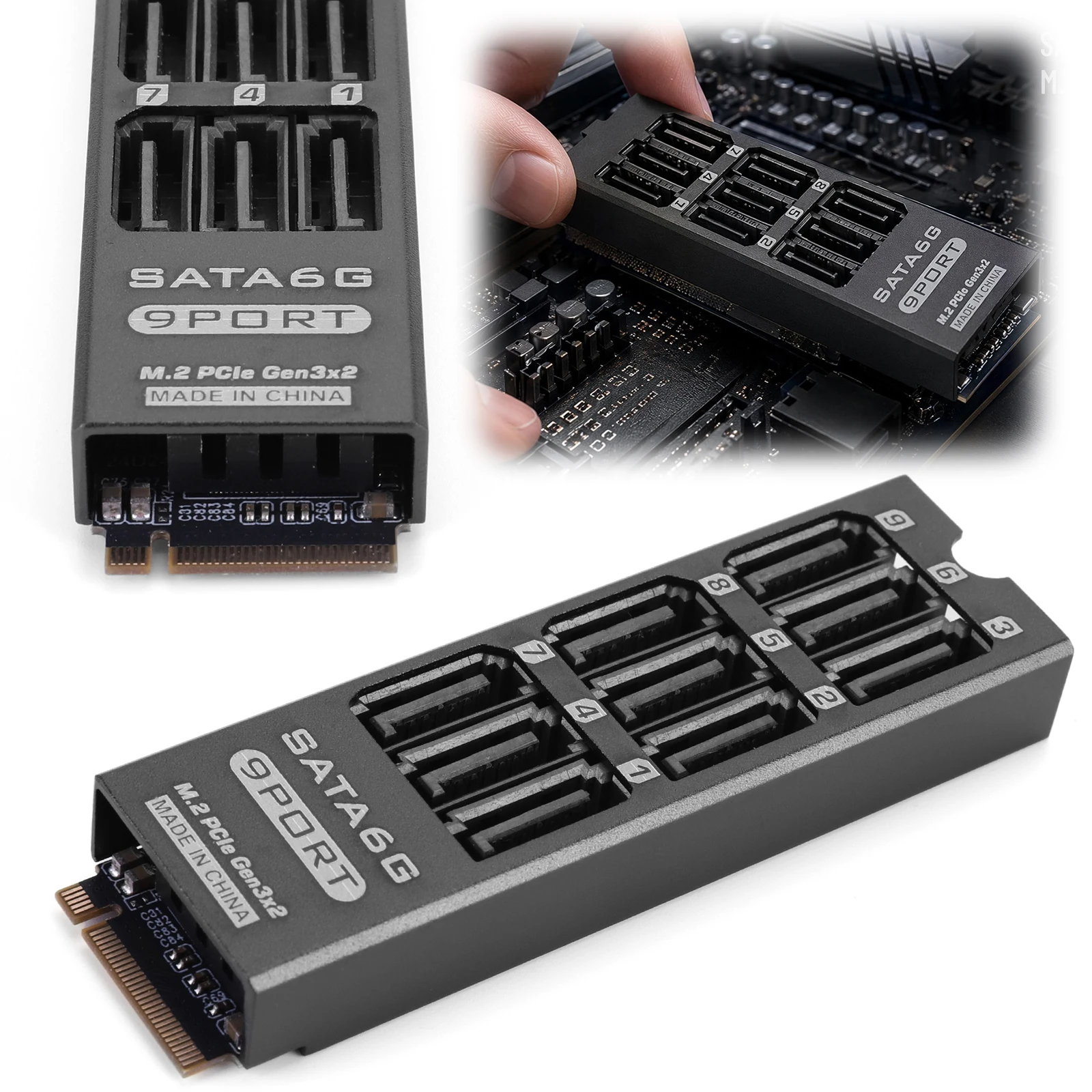9-Port M.2 PCIe NVMe M-Key SATA 6Gbps NAS HDD Expansion Card Adapter Aluminum Alloy Enclosure Cover