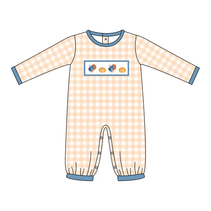 Baby New Cotton Long Sleeve T-shirt Set Round Neck Thanksgiving Turkey Embroidery Boy Orange Lattice Top Clothes And Blue Pants