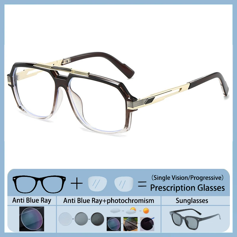 

Luxury Pilot Double Beam Men Oversized Frame Prescription Hyperopic Glasses Men Optical Prescription Anti Blue Ray Sight Eyewear