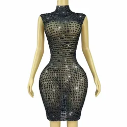 Sexy Shiny Full Black Rhinestones Transparent Mesh Dress Women Birthday Evening Cocktail Party Elegant Outfit Nighclub Costume