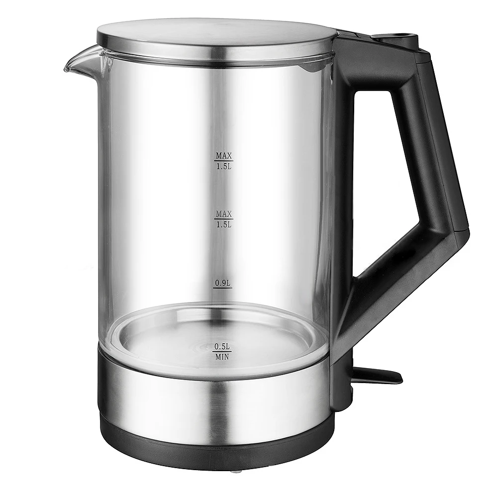 Tetera eléctrica de vidrio de borosilicato alto, tetera de aislamiento para el hogar y la Oficina, color negro, Neutral, estándar británico, venta al por mayor, 1.5l, 1 ud.