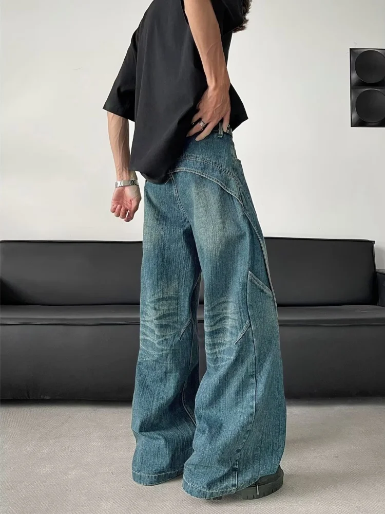 2025 Trashy Y2K Mode gewaschen blau gespleißt Baggy neue Jeans Hosen für Männer 90er Jahre Vintage Kleidung weites Bein gerade Denim Hose – Detail 10