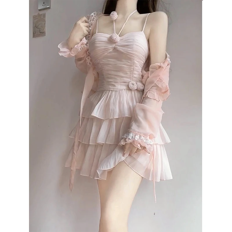 Two Pieces Set Pink Sexy Y2k Aesthetic Fairy Ball Gown Camisole Dress+Japanese Women Sweet Grunge Fashion Long Sleeve Cardigans