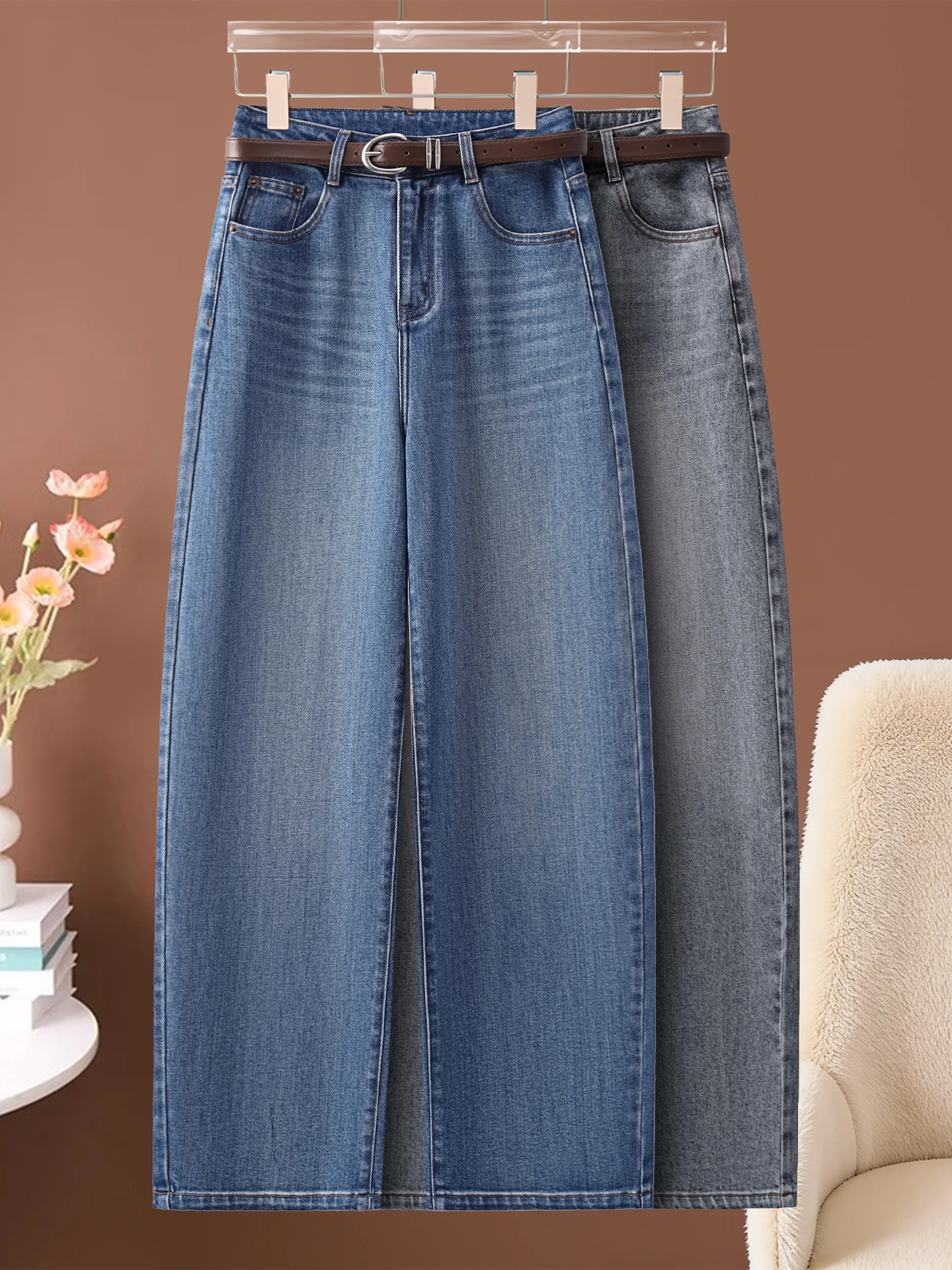 

High Waist Slimming Knife Denim Jeans Women's Spring Autumn New Style Embroidered Wide Leg Banana Pants Casual Cotton Blend