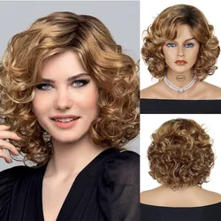 Short Curly Wigs for Women Synthetic Ombre Brown Bob Wig Ladies Luxury Fluffy Hairstyle Daily Cosplay Party Mommy Wig with Bangs