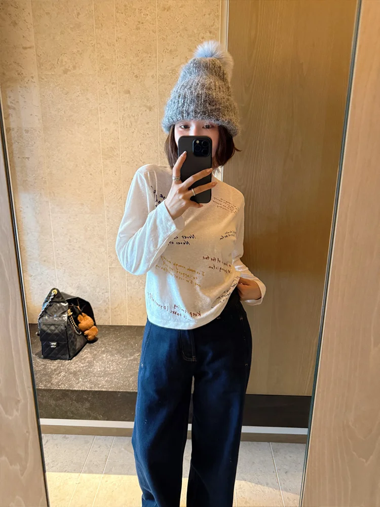 

Casual round Ne Long Sve T-irt Women's Loose Fit Printed Base irt Water-Based Color Colion Letter Print Casual Wear