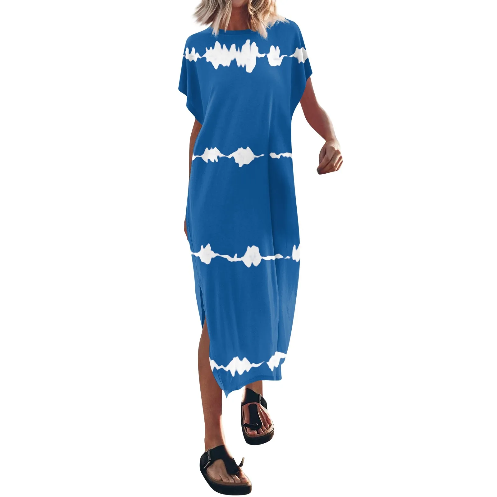 Robe t-shirt à manches courtes pour femmes, col rond, décontracté, High Street, rayé, patchwork, poche, robes maxi assorties, été, nouveau