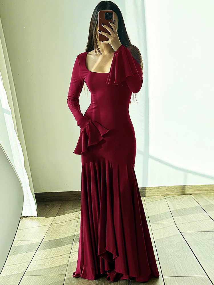 Sonsterlinda vestido clássico feminino gola quadrada retalhos franzido em camadas manga alargamento elegante baile de formatura estiramento magro rabo de peixe bodycon