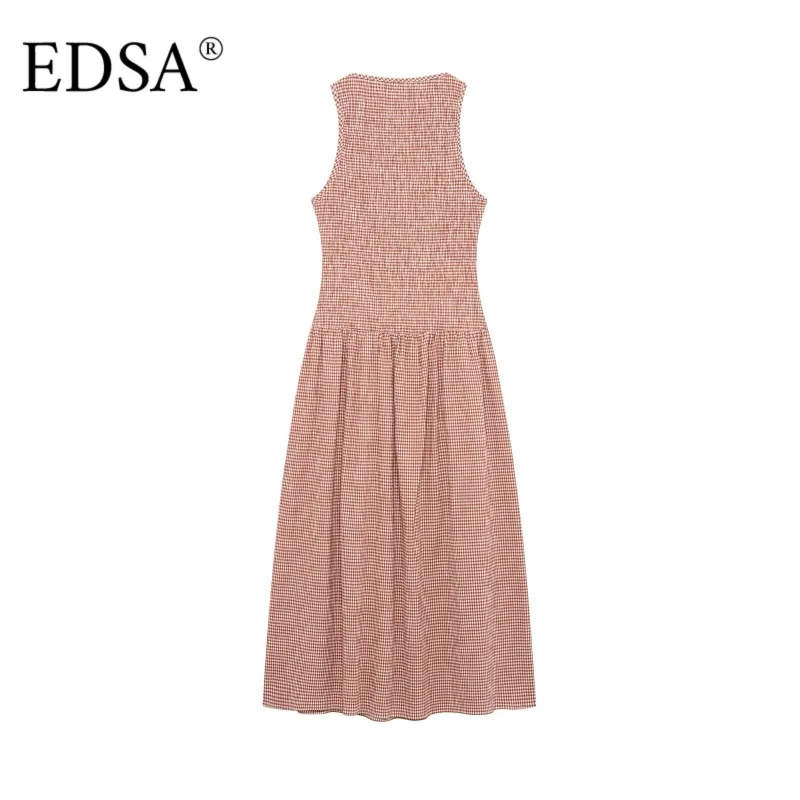 EDSA – robe mi-longue vichy pour femmes, col rond, sans manches, taille haute, smockée, extensible, longue, vacances d'été