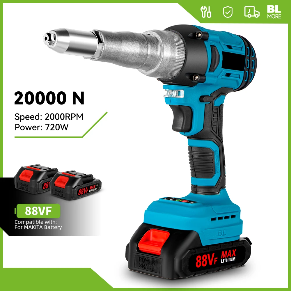 20000N Brushless Electric Rivet Gun 2.4-5.0mm Cordless Rivet Nut Gun Drill Insert Riveting Power Tool For Makita 18V Battery