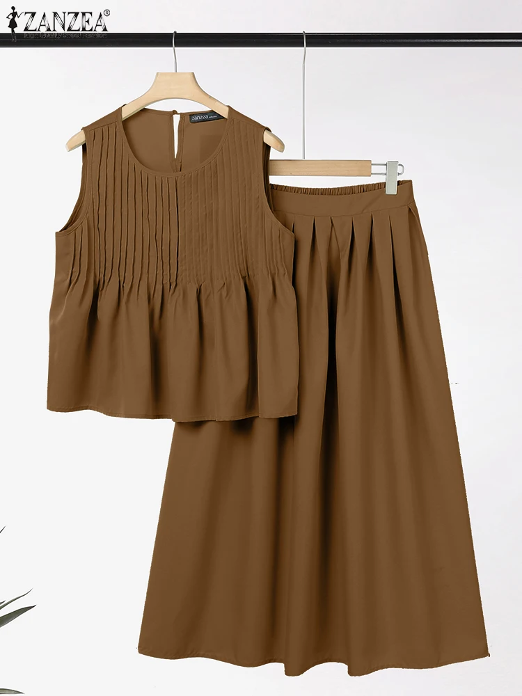 

2025 ZANZEA Summer 2PCS Women Fashion Dress Sets Sleeveless Pleated Tank Tops and Maxi Skirts Casual Elegant OL 2 piece Outfits