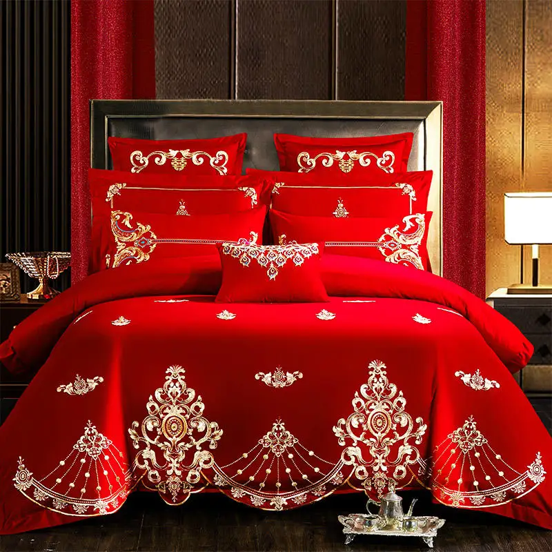 Imagem -06 - Ouro Dragão Phoenix Bordado Bedding Grupo Home Textile Casamento Chinês Luxo Vermelho 100 Algodão Capa de Edredão Lençol Fronhas