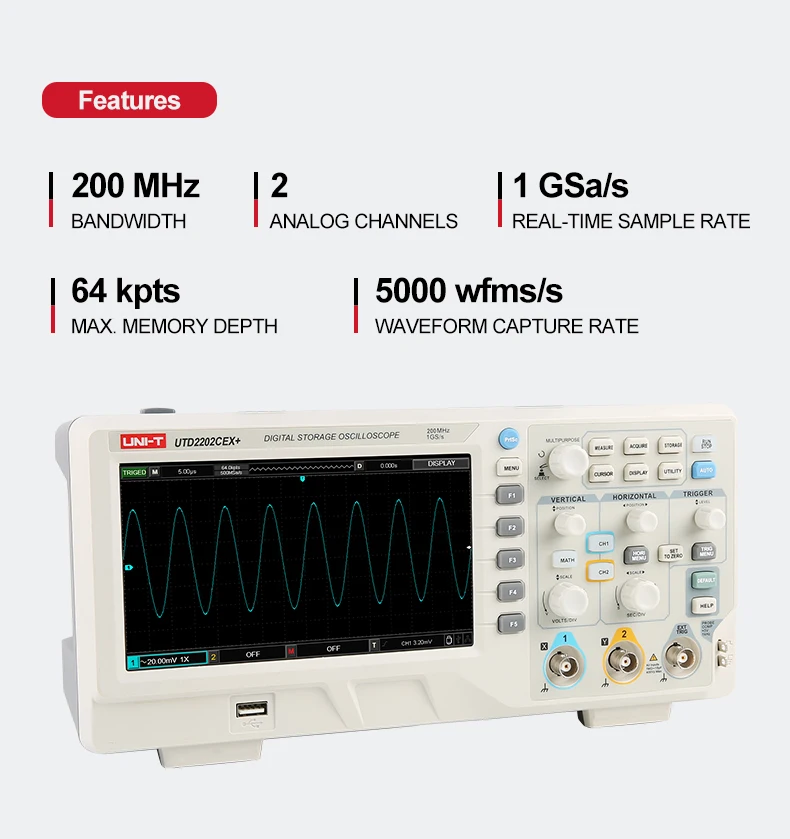 UNI-T Digital Oscilloscope USB UTD2202CEX+ Dual Channel 200Mhz 1G Sampling Rate High Voltage Probe PC LCD Portable Osciloscopio