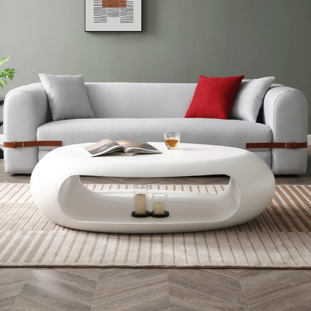 

48.42” Oval Coffee Table with Storage Shelf, Sturdy Fiberglass, No Need Assembly, Modern 2-Tier Center Coffee Table