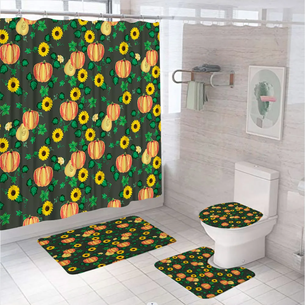 Watercolor Pumpkin Sunflower Fall Shower Curtain Set Autumn Thanksgiving Day Harvest Leaves Bathroom Decor Bath Mats Toilet Rug