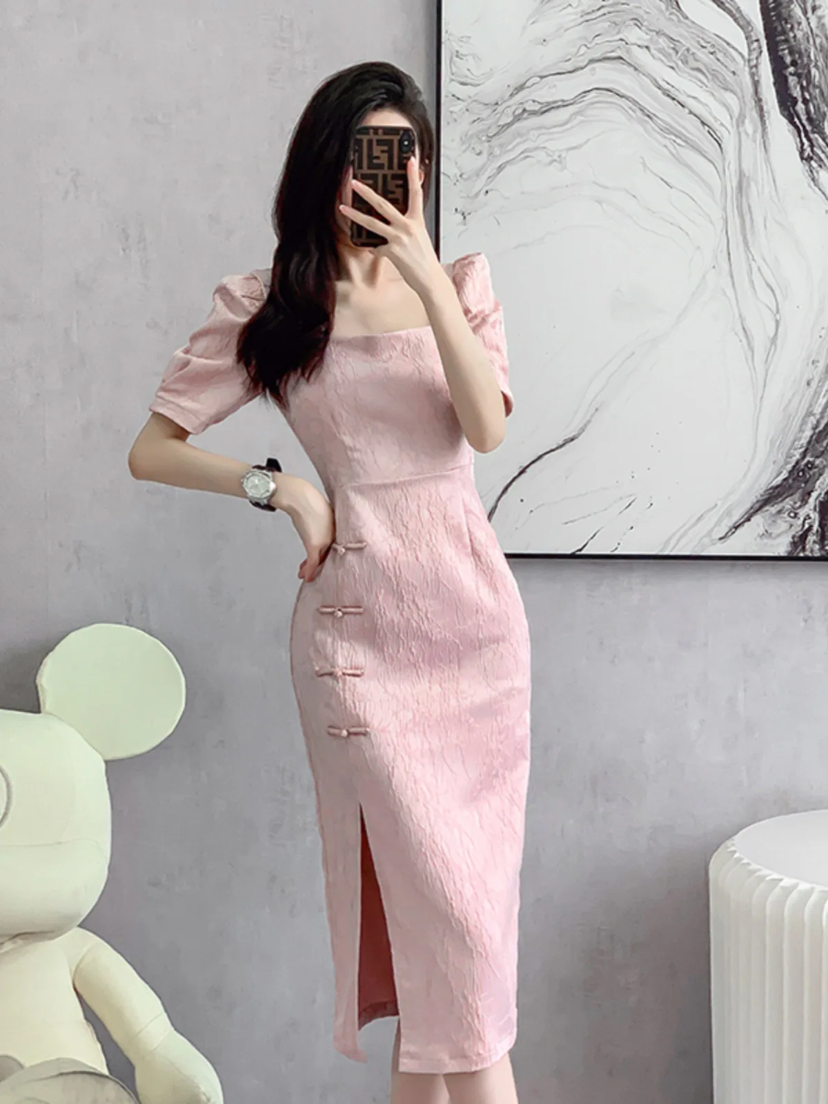 2023 Pink Summer Women Improved Cheongsam Mid Long Vintage Dress Chinese Style Slim Fashion Dresses Qipao S To XXL S2104