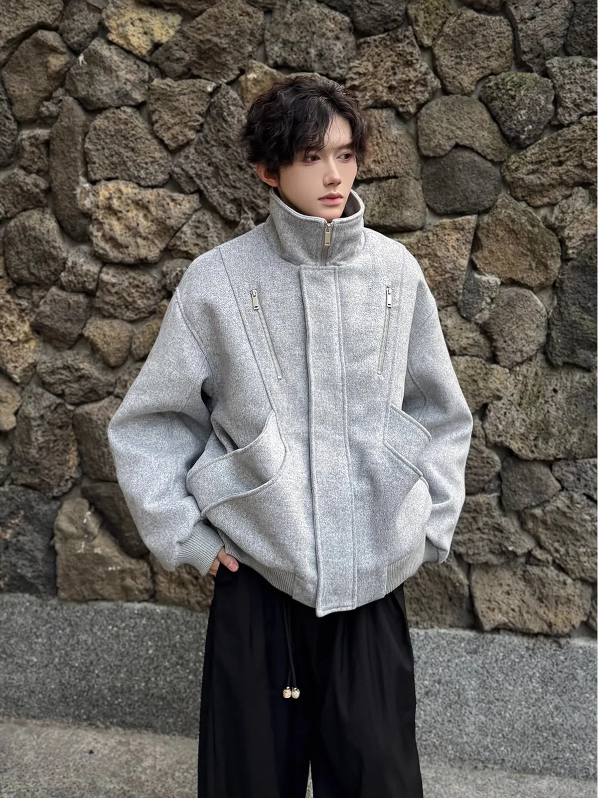 Cleanfit casaco curto de lã e aodão cinza masculino, estilo outono inverno, decoração com zíper, ajuste solto, quente, moda...