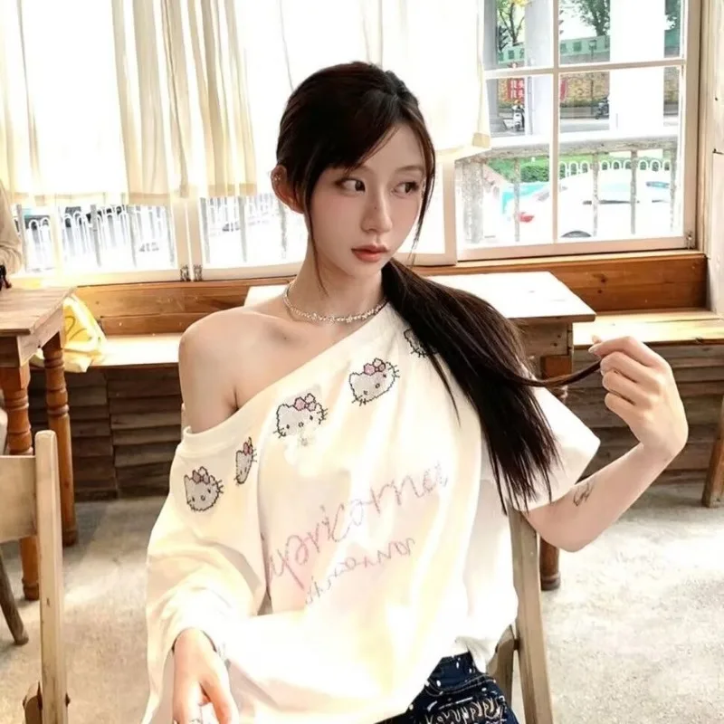 

High Quality Hello Kitty Rhinestone Skew Collar Short Sleeved T Shirt Women Korean Version Loose White Tops Summer Y2k Clothes