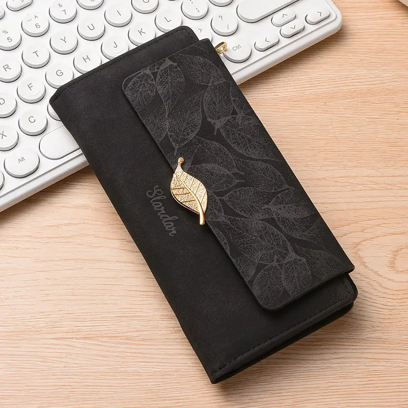 Wallet Women's Long Style Niche Design Simple and Versatile Retro Frosted Leaf Women's Wallet Fashionable Handbag
