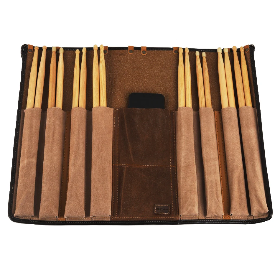 PDH Professional Large Capacity Drum Sticks Holder Bag Portable Storage Case Pouch Holder Durable Cowhide and Canvas Materials