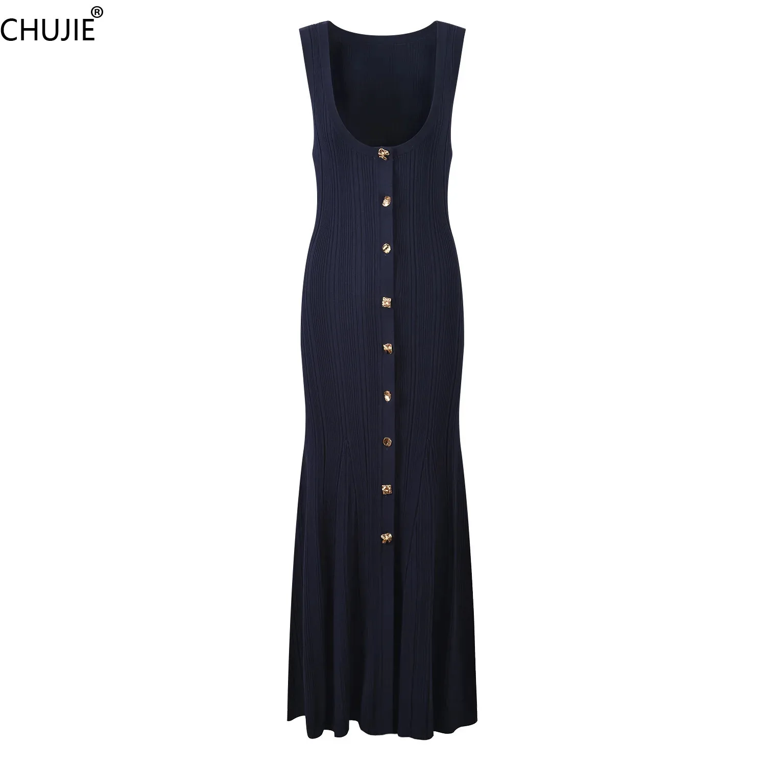 

CHUJIE Women's Dress Fashion Commuting Leisure Elegant Strap U-shaped Collar Single breasted Slimming Dress 2025 Spring New