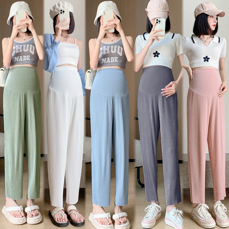 Maternity Pants Wide Leg Loose Straight Belly Trousers Korean Style Clothes For Pregnant Women Spring Summer Pleat Casual Pants