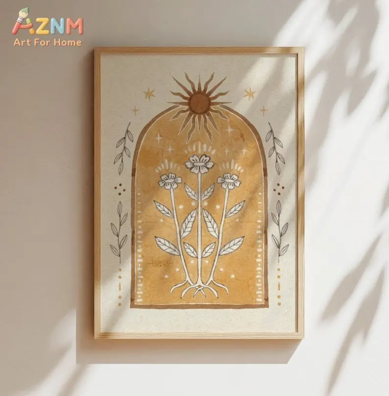 AZNM Boho Sun Floral Arch Canvas Print Vintage Yellow Watercolor Wildflower Star Minimalist Neutral Wall Poster Unframed Bedroom