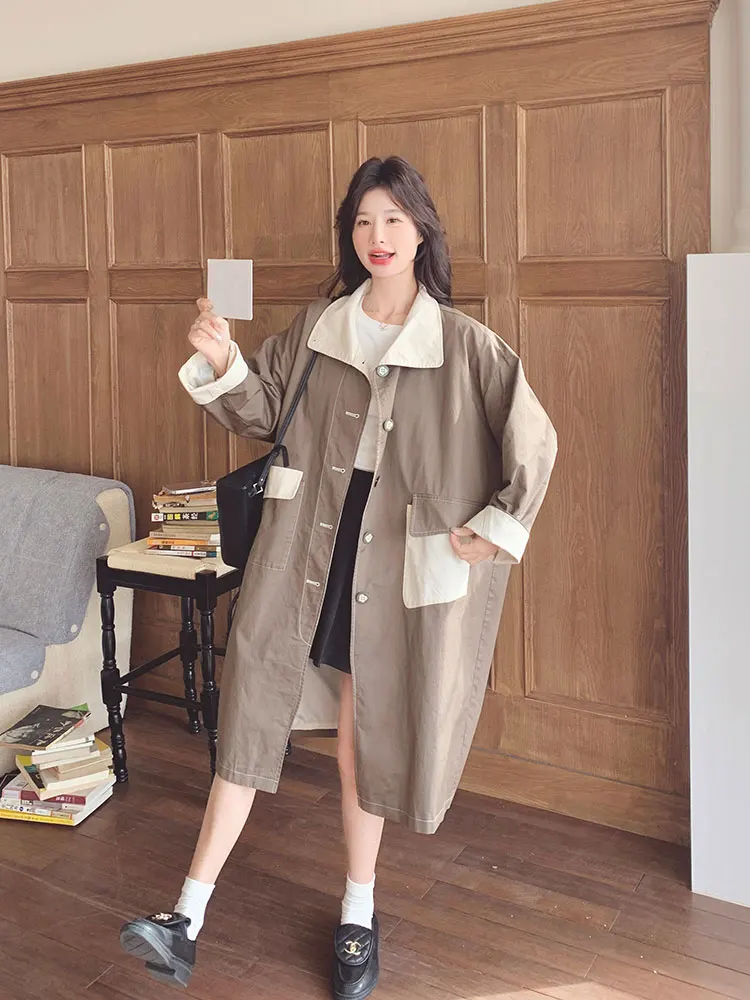 SuperAen Retro Long Trench Coat Contrasting Colors 2026 Spring and Autumn New Women's Korean-style Fashion Overcoat