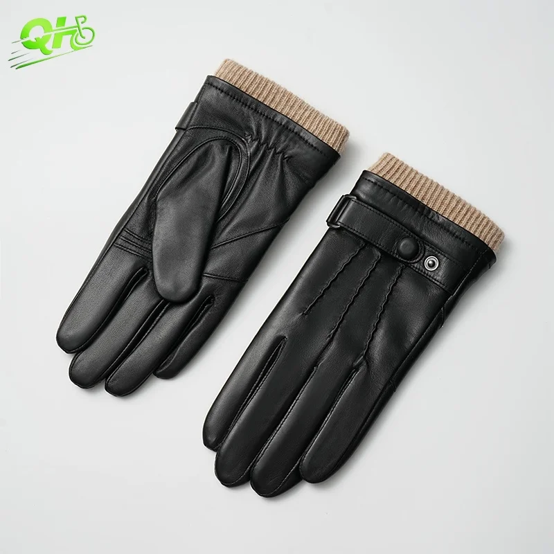 

Winter Genuine Leather Gloves Men Driving e bike Wool Lining Woolen Wrist Warm lures Business Sheepskin Light Luxury Gloves