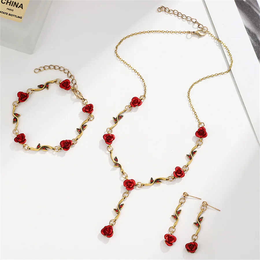 Vintage Red Rose Necklace Bracelet Earring Jewelry for Women Tassel Earring Choker Wedding Engagement Valentine's Day Gifts image 3
