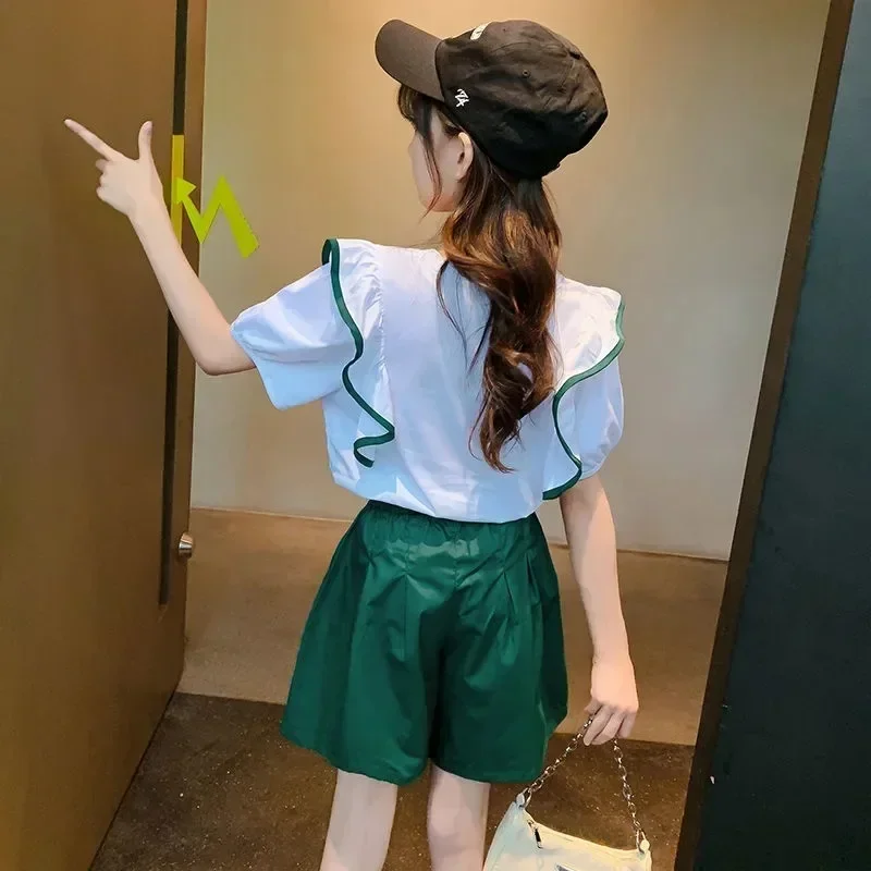 Summer Suit for Girls New Baby Short Sleeve T-shirt + Loose Shorts Two-piece Set Children Cute Clothing 4 6 8 10 12